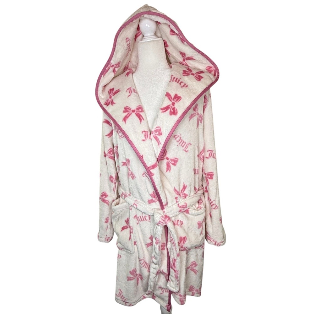 Juicy Couture Bow Print Plush Hooded Robe L/XL Pink White Sleepwear NWT